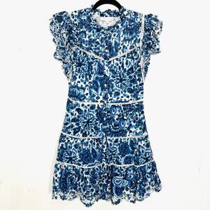 House of Harlow 1960 Eyelet Ruffle Dress Blue White Floral Button Down Medium